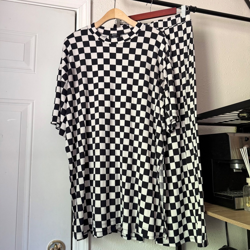 DRESSED IN LALA black white checker rib ribbed tee pull on pants set